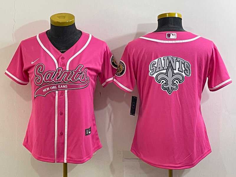 Womens New Orleans Saints Pink Team Big Logo With Patch Cool Base Stitched Baseball Jersey